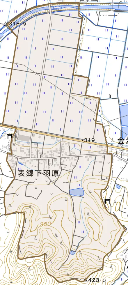 表郷下羽原とその周辺の地図。町の範囲を重ねている