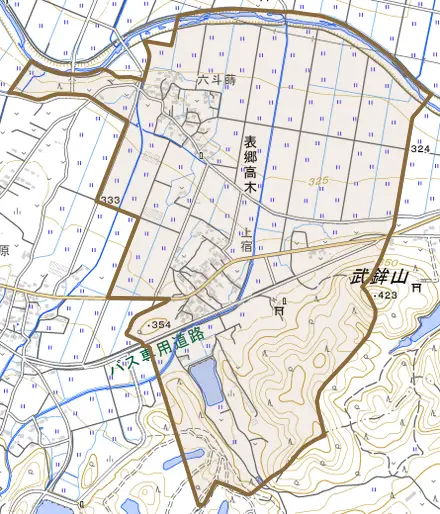 表郷高木とその周辺の地図。町の範囲を重ねている