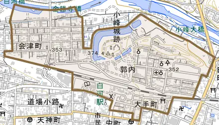 大手町とその周辺の地図。町の範囲を重ねている