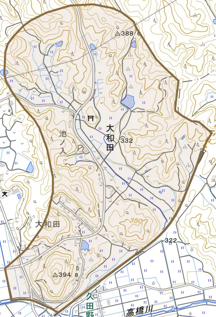 大和田とその周辺の地図。町の範囲を重ねている