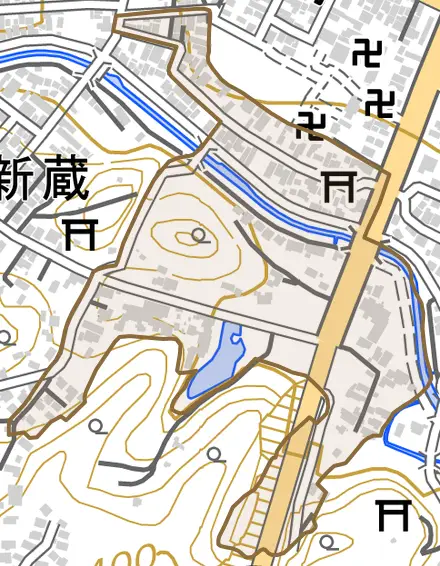 新蔵町とその周辺の地図。町の範囲を重ねている