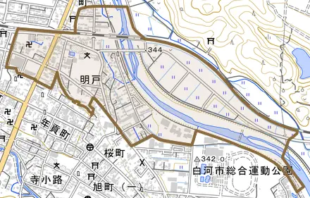 士多町とその周辺の地図。町の範囲を重ねている