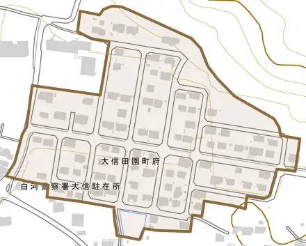 大信田園町府とその周辺の地図。町の範囲を重ねている