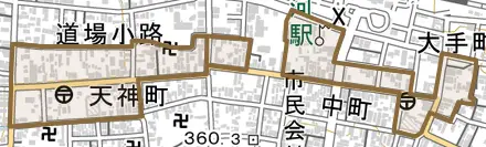 鷹匠町とその周辺の地図。町の範囲を重ねている
