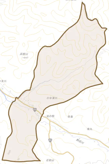 大字小中津川とその周辺の地図。町の範囲を重ねている