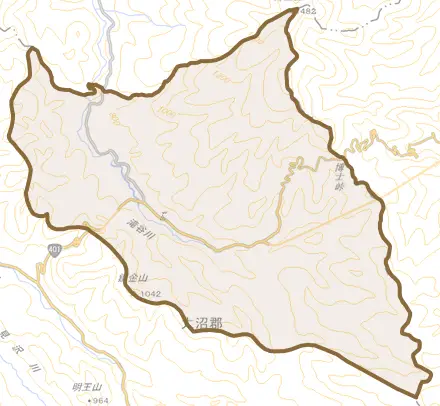 大字小野川とその周辺の地図。町の範囲を重ねている