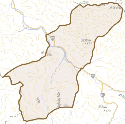 大字下中津川とその周辺の地図。町の範囲を重ねている