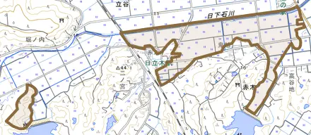 赤木とその周辺の地図。町の範囲を重ねている