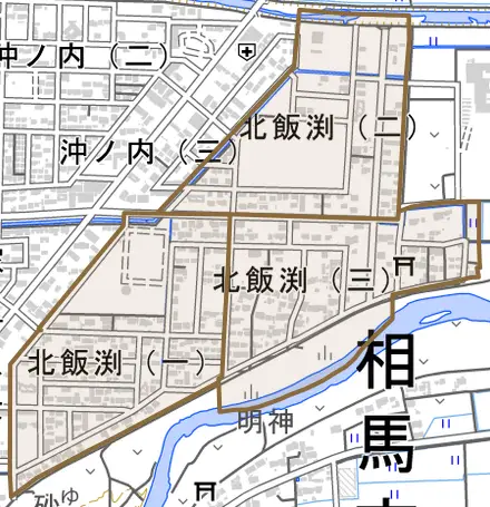 北飯渕とその周辺の地図。町の範囲を重ねている