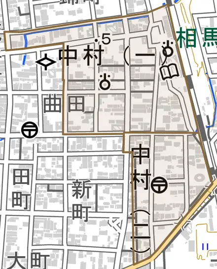 中村とその周辺の地図。町の範囲を重ねている