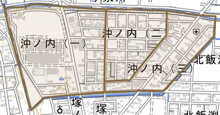 沖ノ内とその周辺の地図。町の範囲を重ねている