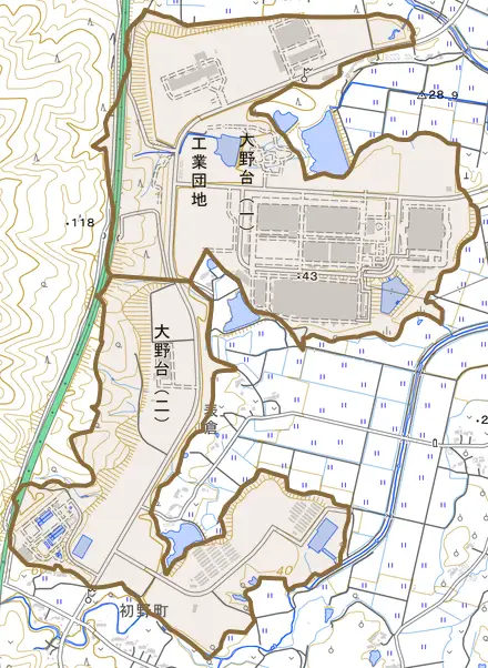 大野台とその周辺の地図。町の範囲を重ねている