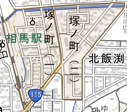 塚ノ町とその周辺の地図。町の範囲を重ねている