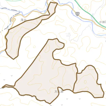 山上とその周辺の地図。町の範囲を重ねている