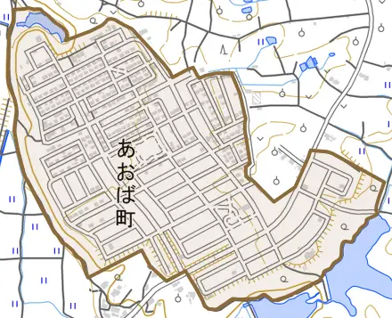 あおば町とその周辺の地図。町の範囲を重ねている