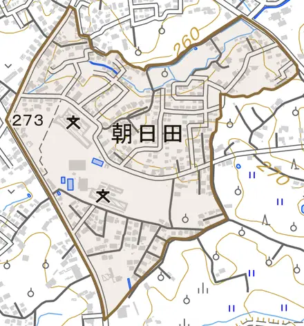朝日田とその周辺の地図。町の範囲を重ねている
