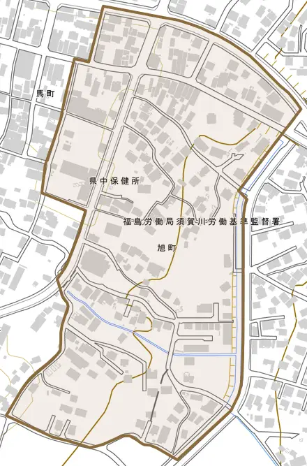 旭町とその周辺の地図。町の範囲を重ねている