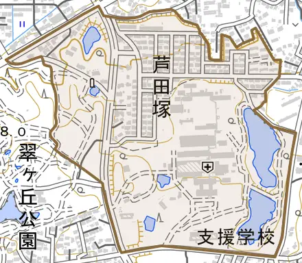 芦田塚とその周辺の地図。町の範囲を重ねている