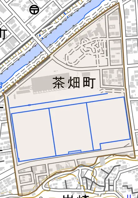 茶畑町とその周辺の地図。町の範囲を重ねている