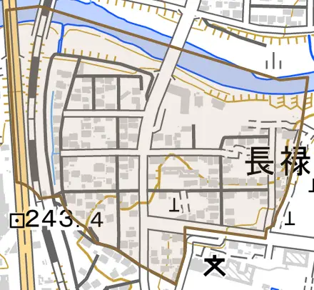 長禄町とその周辺の地図。町の範囲を重ねている
