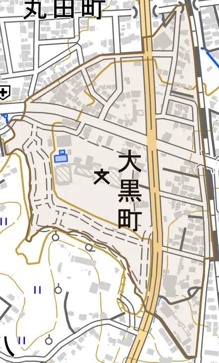 大黒町とその周辺の地図。町の範囲を重ねている