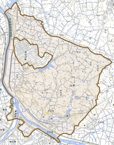 江持とその周辺の地図。町の範囲を重ねている