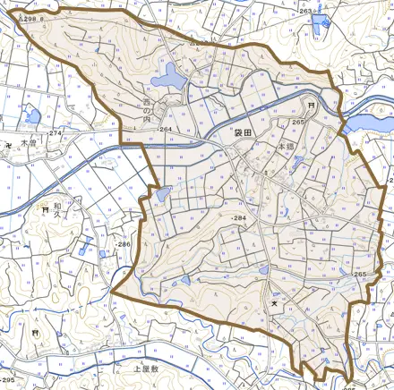 袋田とその周辺の地図。町の範囲を重ねている