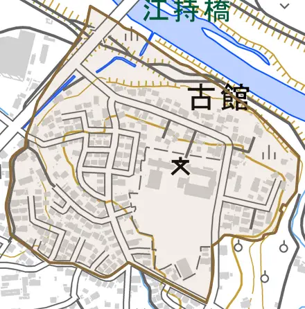 古舘とその周辺の地図。町の範囲を重ねている