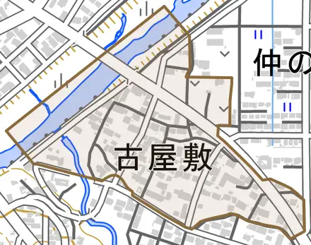 古屋敷とその周辺の地図。町の範囲を重ねている