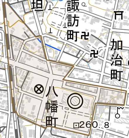 八幡町とその周辺の地図。町の範囲を重ねている