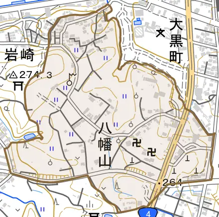 八幡山とその周辺の地図。町の範囲を重ねている