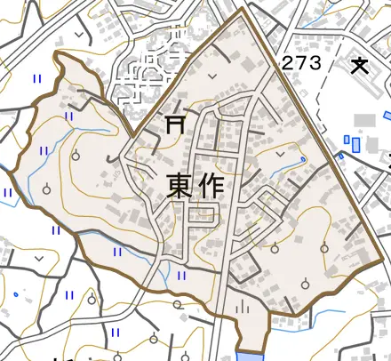 東作とその周辺の地図。町の範囲を重ねている