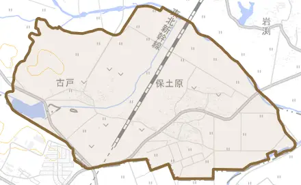 保土原とその周辺の地図。町の範囲を重ねている