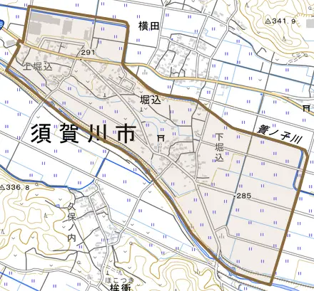 堀込とその周辺の地図。町の範囲を重ねている