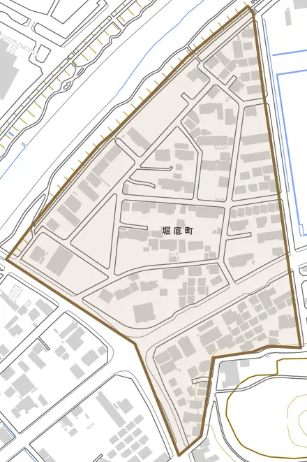 堀底町とその周辺の地図。町の範囲を重ねている