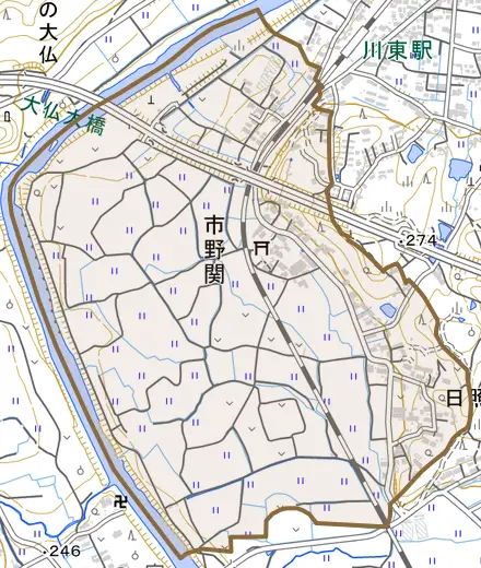 市野関とその周辺の地図。町の範囲を重ねている