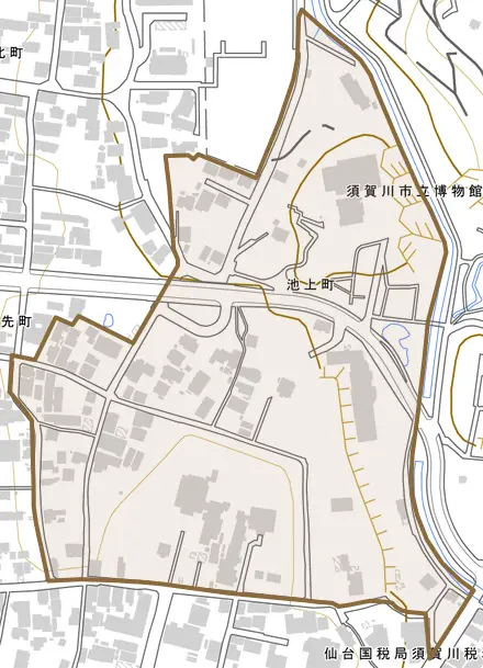 池上町とその周辺の地図。町の範囲を重ねている