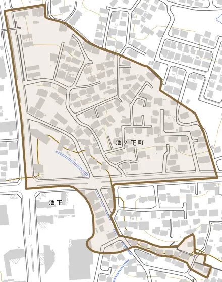 池ノ下町とその周辺の地図。町の範囲を重ねている