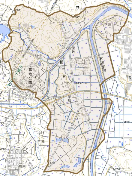 稲とその周辺の地図。町の範囲を重ねている