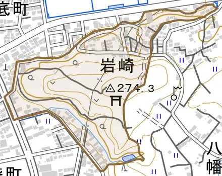 岩崎とその周辺の地図。町の範囲を重ねている