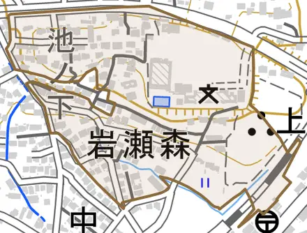 岩瀬森とその周辺の地図。町の範囲を重ねている