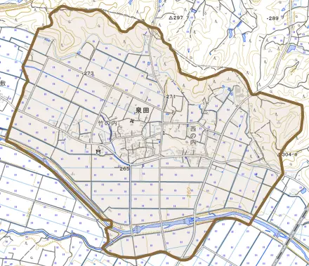 泉田とその周辺の地図。町の範囲を重ねている