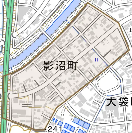 影沼町とその周辺の地図。町の範囲を重ねている