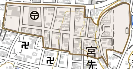 上北町とその周辺の地図。町の範囲を重ねている