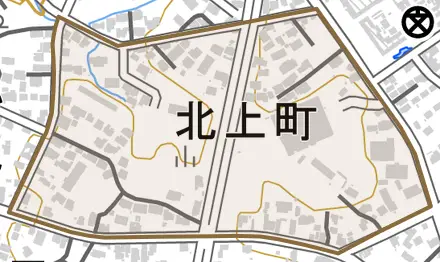 北上町とその周辺の地図。町の範囲を重ねている
