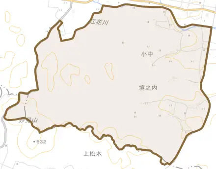 小中とその周辺の地図。町の範囲を重ねている