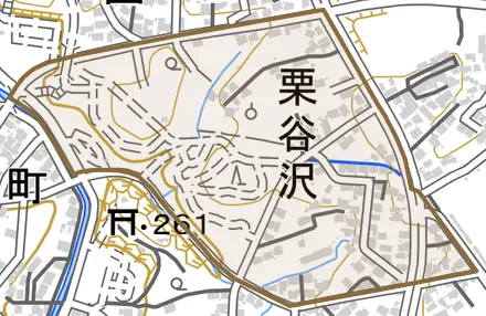 栗谷沢とその周辺の地図。町の範囲を重ねている