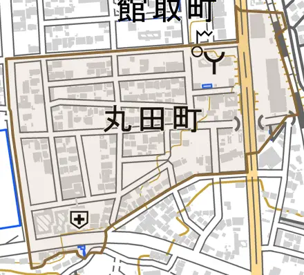 丸田町とその周辺の地図。町の範囲を重ねている
