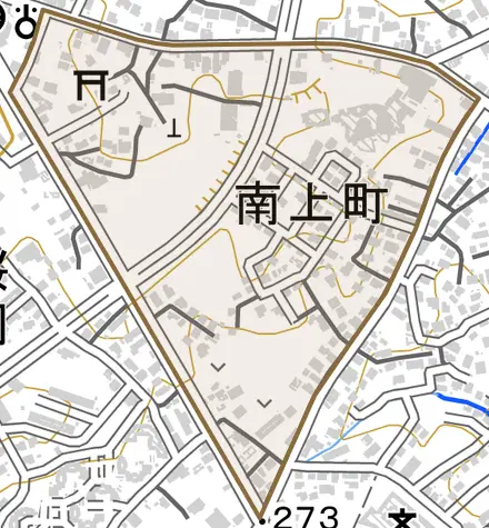 南上町とその周辺の地図。町の範囲を重ねている