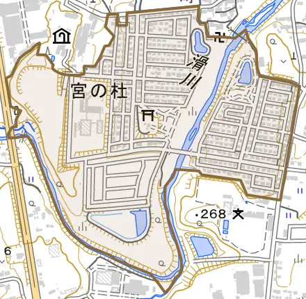 宮の杜とその周辺の地図。町の範囲を重ねている